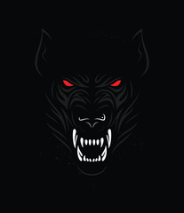 Angry wolf face image on black background.