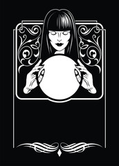 Female mystic, magician woman illustration with crystal ball on black background.