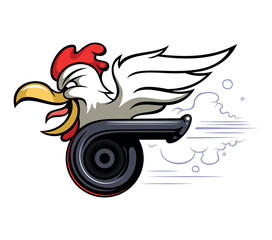 Cartoon image of a chicken riding a turbo engine. Isolated on white background.