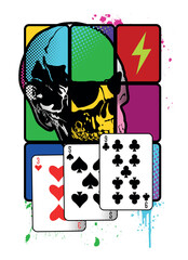 Human skull with playing cards colourfull vector illustration. Isolated on white background.