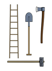Wooden garden, bayonet shovel, axe and sledgehammer vector illustration. Isolated on white background.