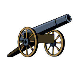 Cartoon style old cannon on wheels illustration. Isolated on white background.