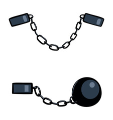 Cartoon style iron chains and iron ball vector illustration. Isolated on white background.
