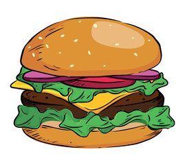 Big burger, hamburger cartoon style vector illustration. Isolated on white background.