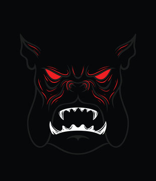 Angry bulldog face image on black background.