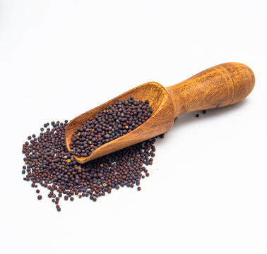 Mustard seeds with wooden spoon on white background
