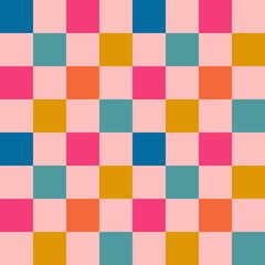 Hand drawn seamless pattern with colorful checks squares, pink blue yellow orange checkered checkerboard, mid century modern design style, contemporary abstract geometric print, 80s 90s retro art.