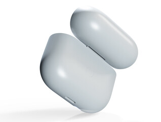 Wireless bluetooth headphones in white case isolated on white background. 3D rendering of accessories for listening music or distant work from home