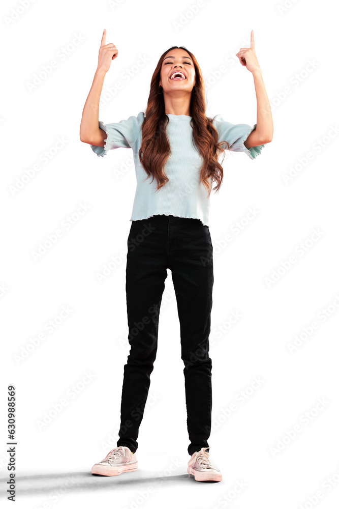 Wall mural Announcement, pointing up or happy woman with a sale, deal or offer isolated on transparent png background. Full body, smile or excited person advertising a discount, promotion or logo commercial