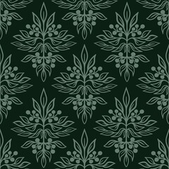 Fototapeta na wymiar Hand drawn seamless pattern with floral damask ornament on dark green background. Leaves berries forest print in retro vintage victorian moody baroque art, textile fabric wallpaper antique design.
