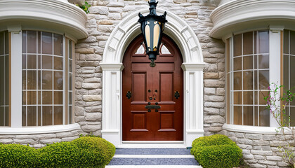 Fototapeta na wymiar Design an inviting Tudor entryway with a decorative arched door a lantern style pendant light and stone steps leading up to the entrance