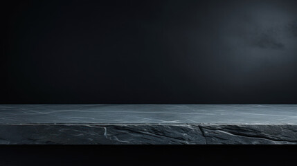 Empty black stone table top, desk or shelf isolated on dark pale blue background 