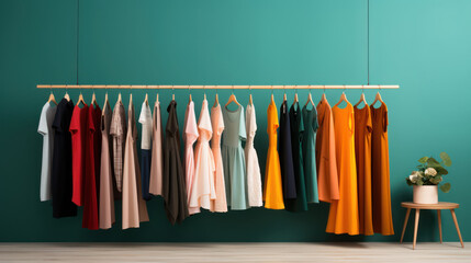 Rack with hanging clothes on green background