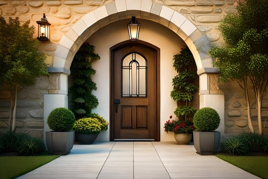 Design an inviting Tudor entryway with a decorative arched door a lantern style pendant light and stone steps leading up to the entrance