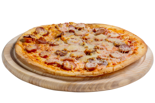 Pizza with salami, ham, sausage and white cream sauce on a cut board