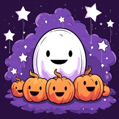 Halloween seamless pattern design with ghost, pumpkin. Flat cartoon illustration. Generative Ai.