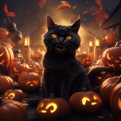 illustration of a cat and Halloween pumpkin. Halloween Cat and Jack o Lantern Background. Generative Ai.