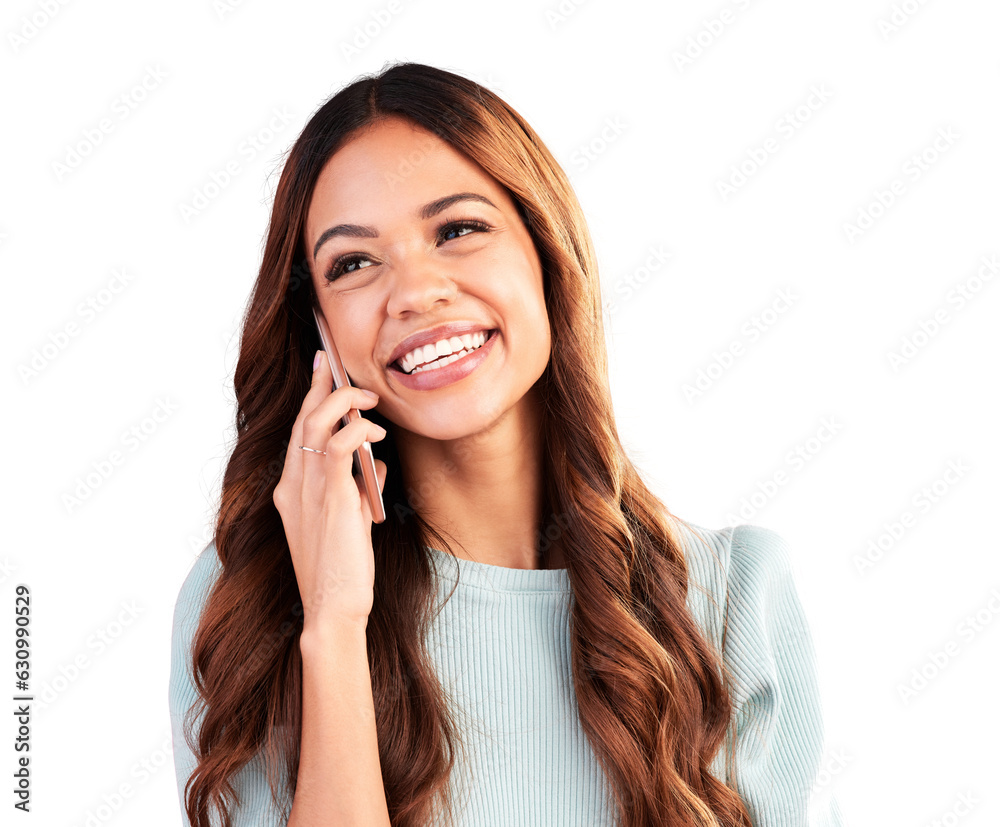 Poster phone call, smile and woman with communication, network or model isolated on a transparent backgroun