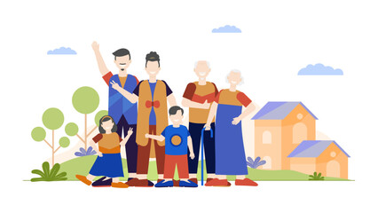 Colorful modern family gathering illustration vector. Father mother son daughter grandpa grandma