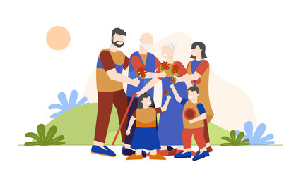 Obraz na płótnie Canvas Colorful modern family gathering illustration vector. Father mother son daughter grandpa grandma