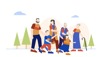 Colorful modern family gathering illustration vector. Father mother son daughter grandpa grandma
