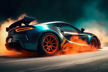 Sport Car Raceing on race track , Car drifting burning tires on speed track , Created with Generate Ai Technology