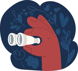 Cartoon vector illustration of hand holding binoculars