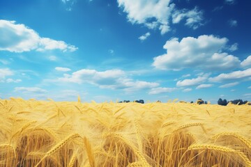 Yellow agriculture field with ripe wheat and blue sky with clouds over it. Field has colors of Ukraine flag with a harvest