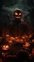 the spirit of all hallows' eve: a mystical illustration of halloween's essence rising from the earth, encircled by carved pumpkins, grinning skulls, and ghostly candles. Ai Generated