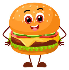 Funny kawaii burger with smiling face. Happy cartoon character