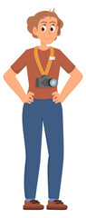 Professional photographer character. Cartoon woman with camera