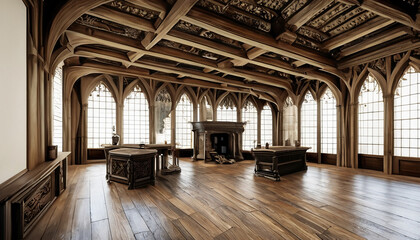 Fototapeta premium Tudor great halls incorporate a grand fireplace heavy wooden tables tapestries and an impressive hammer-beam ceiling