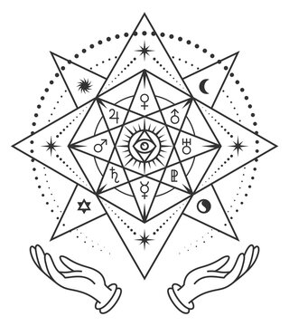Occult hexagram with human hands. Mystic tattoo template