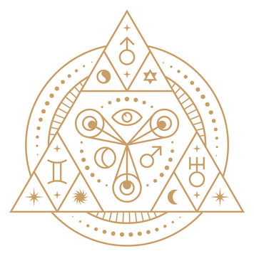 Astrological emblem. Alchemy pyramid symbol. Sacred icons