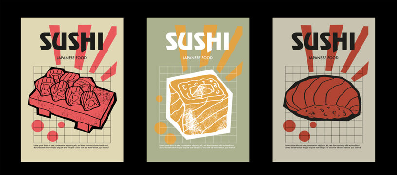 Japanese sushi set. Price tag or poster design. Set of vector illustrations. Typography. Engraving style. Labels, cover, t-shirt print, painting.