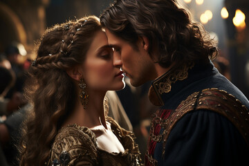 beautiful prince and princess from a medieval fairy tale hugging and kissing - 630993154