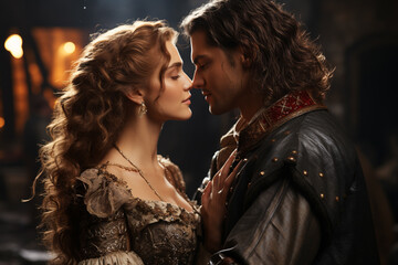 beautiful prince and princess from a medieval fairy tale hugging and kissing - 630993162