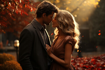 Beuatiful and stylish couple kissing in autumn season park with backdrop light - 630993165