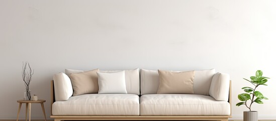 In a simple and modern living room interior, beige sofa placed against a white wall. The wall provides