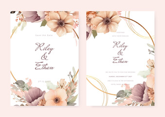 wedding invitation, thank you,details,menu,welcome,boho,minimal template design with watercolor pink leaf and branch, watercolor invitation, beautiful floral wreath.