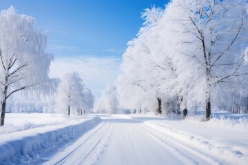 Obraz premium winter road and trees with snow and alps landscape. Generative Ai.