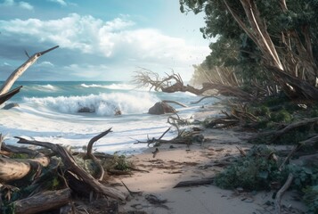 Fototapeta na wymiar view of the beach with trees that have collapsed due to natural disasters. generative ai