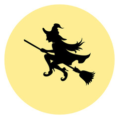 Witch black silhouette on yellow moon. Night flight