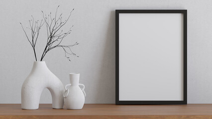 3d rendering black vertical frame mockup in modern minimalist interior with dry branch plant in trendy vase on white wall background, Template for artwork, painting, photo or poster. © FullFrames