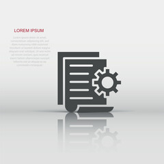 Document with gear icon in flat style. Big data processing vector illustration on white isolated background. Paper sheet software solution business concept.