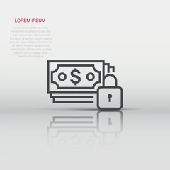 Dollar banknote with lock icon in flat style. Dollar cash safe vector illustration on white isolated background. Banknote bill security business concept.