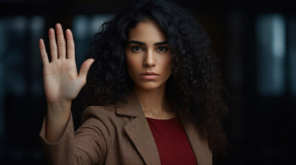 Woman showing stop gesture. Prohibition symbol. 