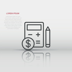 Tax payment icon in flat style. Budget invoice vector illustration on white isolated background. Calculator with dollar coin and pencil business concept.
