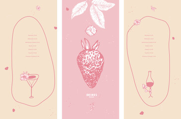 Drinks menu. Cocktail. Wine. Strawberries, mint leaves, ice cube. Pink color. List, banner, booklet, flyer, brochure, price, poster. Vector illustration for restaurant and bar application.