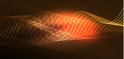 Shiny glowing neon wave. Neon light or laser show, electric impulse, power lines, techno quantum energy impulse, magic glowing dynamic lines